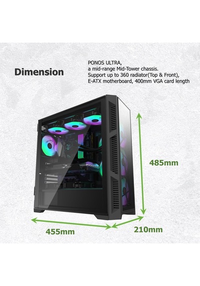 Ponos Ultra Ms4 E-atx Orta Kule Pc Kasası, Açılan Temperli Cam Yan Panel, Ön Kurulum 4 Argb Fan
