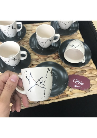 Keramika Türk Kahve Fincan Takımı 12 Parça Mermer Desen Mat Siyah
