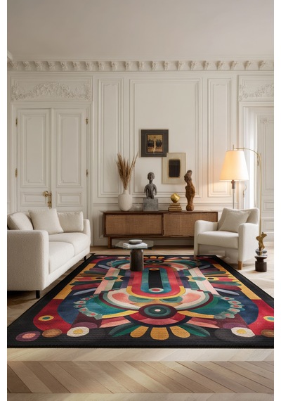 Artevo 18 Geometrik Siyah Renkli Soyut Desenli Halı Modern Mutfak Koridor Oturma Odası Salon Halısı Renkli G