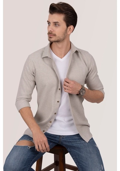Sütlü Kahve Slimfit Düz Oduncu Erkek Gömlek Yeşil