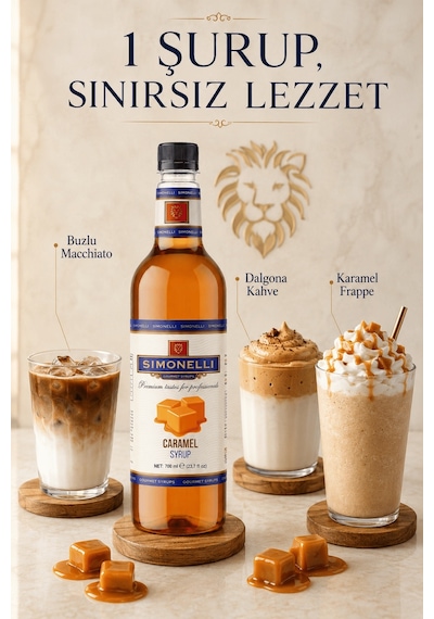 Simonelli Karamel Aromalı Kahve ve Kokteyl Şurubu 700 ML + Şurup Pompası - Latte Frappe Soğuk Sıcak Kahve ve Tatlı Şurubu