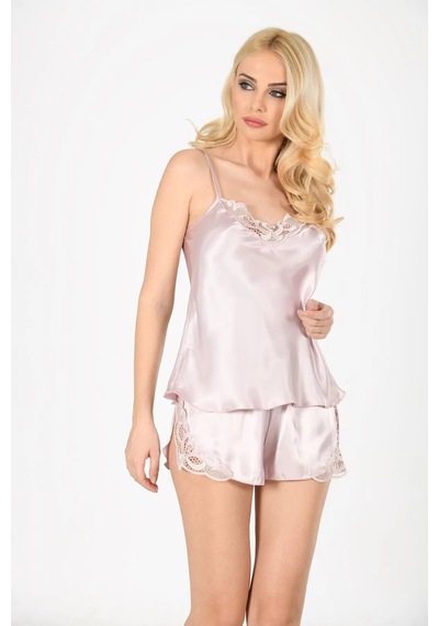 Pudra Saten Babydoll Şortlu Takım Çok Renkli
