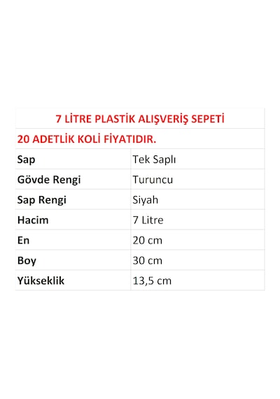 7 Litre Plastik Kozmetik Alışveriş El Sepeti Turuncu 20 Adet / En:20 Boy:30 Yükseklik:13,5 Cm Turuncu