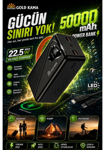 50000 Mah Powerbank 22.5w Hızlı Şarj Pd Taşınabilir Güç Kaynağı Dijital Göstergeli Led Işıklı Siyah