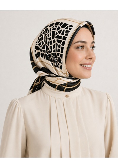 Tarzını Seç Siyah Mozaik Zincir Fular / Bandana / Aksesuar / Eşarp 90x90 Cm