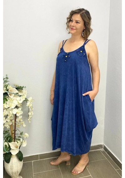 Mia Butik Büyük Beden Lacivert Pamuklu Şalvar Kesim Çiçekli Elbise Lacivert