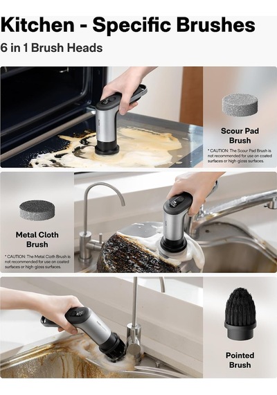 Grip Akülü Elektrikli Spin Scrubber, Ipx7 Su Geçirmez, Hafif 0,3 Kg Ve 6 Fırça Başlığı, Banyo, Mutfak, Fayans,