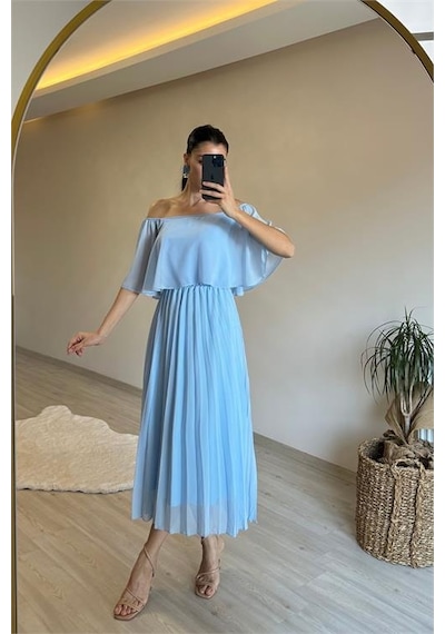 Neşeli Butik Kadın Omzu Açık Piliseli Midi Şifon Elbise Nm006 Bebe Mavisi