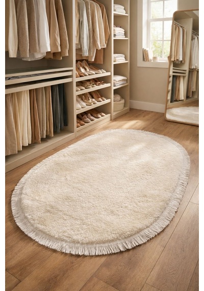 Melena Carpet Lüks Peluş Oval Yolluk Kaymaz Taban Ultra Yumuşak Modern Banyo Ve Salon Halısı Beyaz