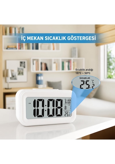 Dekoratif Dijital Alarmlı Saat Lcd Işıklı Termometreli Alarmlı Dijital Mini Masa Saati Masada Yer Kalamayan Ve Beli Diğer