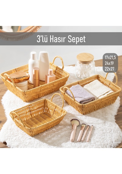 Porsima 301b 3lü Düzenleyici Dikdörtgen Hasır Sepet Seti Ekmeklik
