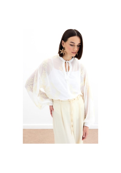 Sateen Nakışlı Şifon Gömlek - Krem-136178 Krem