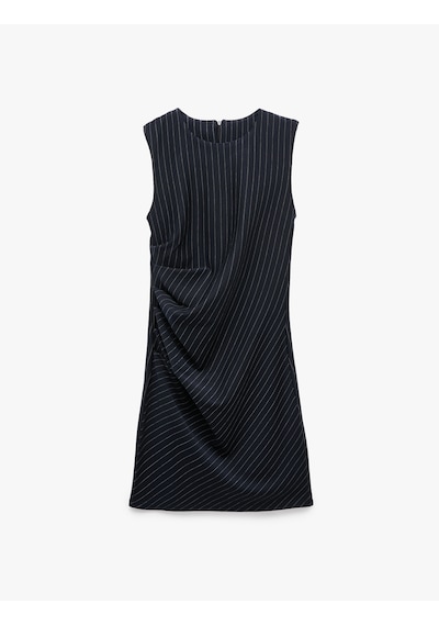 Koton Drapeli Slim Fit Bisiklet Yaka Kolsuz Çizgili Mini Elbise Beyaz Çizgili 7wak80019uk