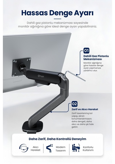 17-34" Lynx Series Gaz Pistonlu Monitör Kolu 10 Kg Kaldırma Vesa Uyumlu Stand Grey