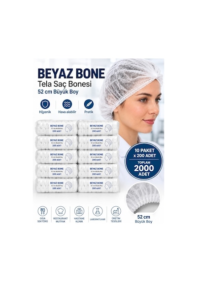 Saç Bonesi Beyaz Tela 2000 Adet 10 Paket X 200 Adet 52 Cm Büyük Boy Hijyenik Kullanım