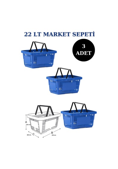 3 adet 22Litre Market ve Alışveriş Sepeti, Saplı Market Sepeti M
