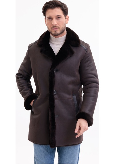 M M Marki Marki Hakiki Deri Erkek Kaban Kahverengi İçi Kürklü Düğmeli Premium 85 Cm - 500522