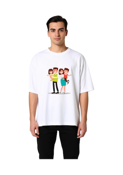 Paybuy Aile Sevgisi Renkli Cizgi Baskılı Erkek Oversize Tişört Beyaz
