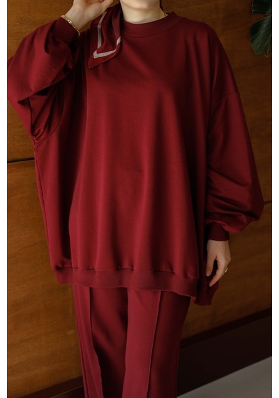 Moonsc Kadın Oversize 2 İplik Tesettür Takım Bordo