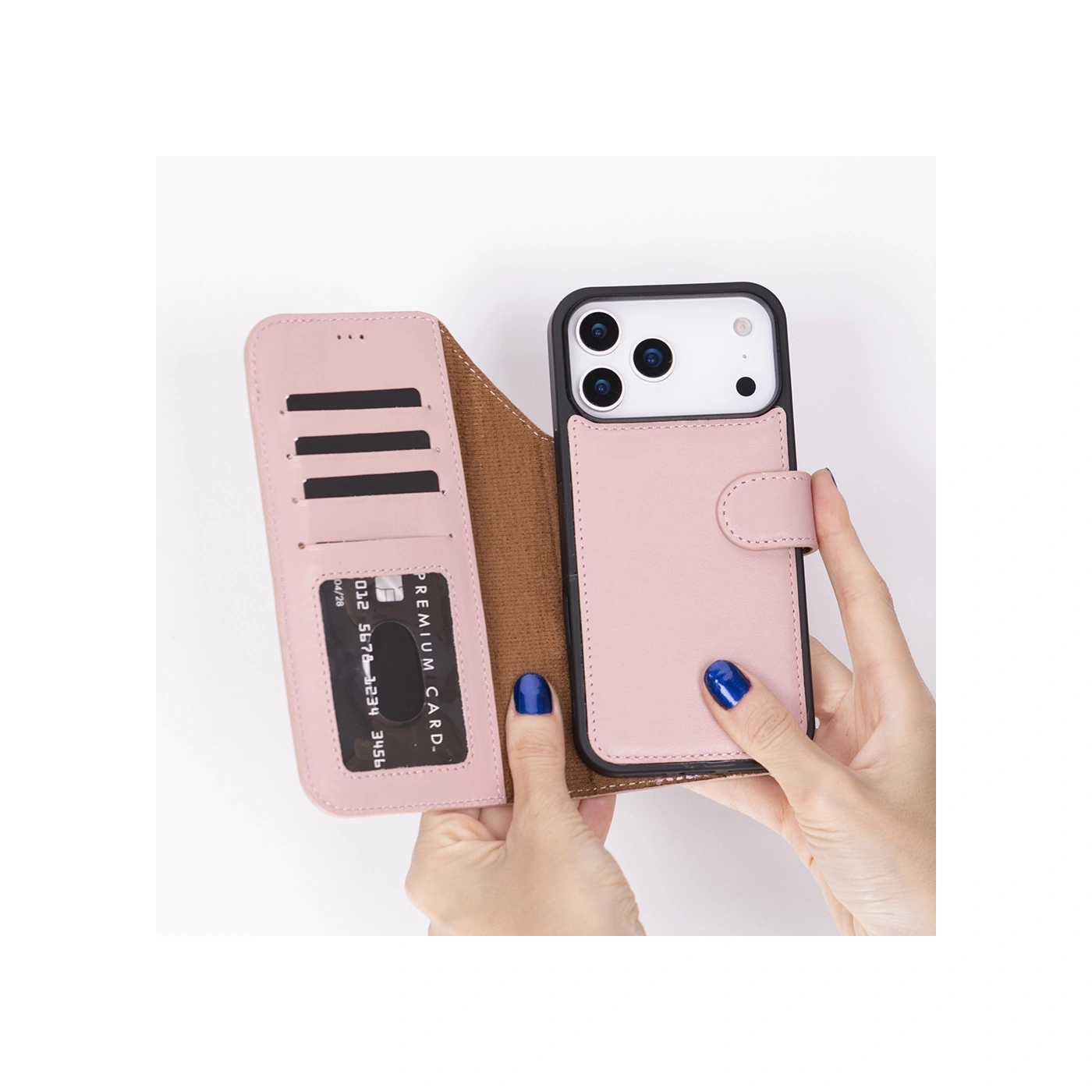 Apple Uyumlu iPhone 17 Pro İçin, Hakiki Deri, El Yapımı Cüzdanlı Kılıf, Magsafe İle , İç Yüzeyi Kadife, Pembe Pembe
