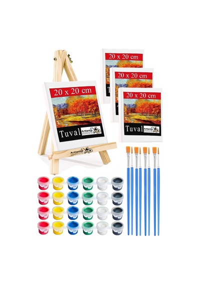 Mini Şövale 20x20 Cm Tuval 3 Ml Akrilik Boya 6 Renk Ve Fırça 4 Adet 20x20 Mini Tuval Masaüstü Küçük Şövale Boyama Seti