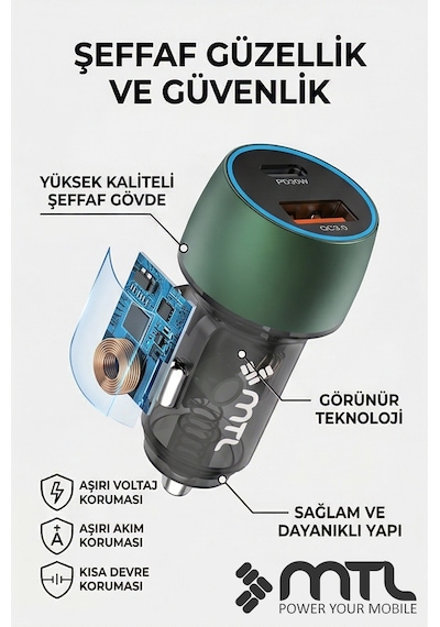 48w Hızlı Şarj Destekli Çift Portlu Type-c + Usb Akım Korumalı Led Işıklı Araç Şarj Cihazı Mt 1832