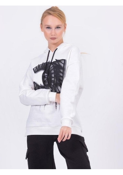 Kız Çocuk Pamuklu Kapüşonlu Baskılı Sweatshirt-13425-beyaz Beyaz