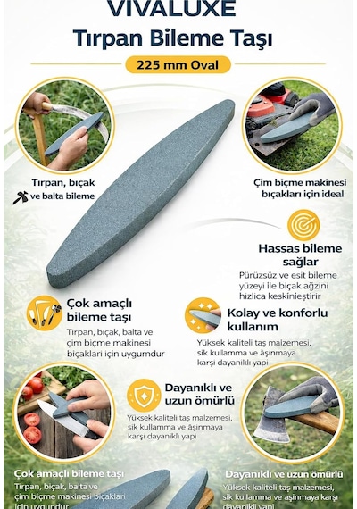 Vıvaluxe Tırpan Bileme Taşı 225 Mm Oval, Tırpan, Bıçak, Çim Biçme Makinesi Ve Balta İçin Dayanı