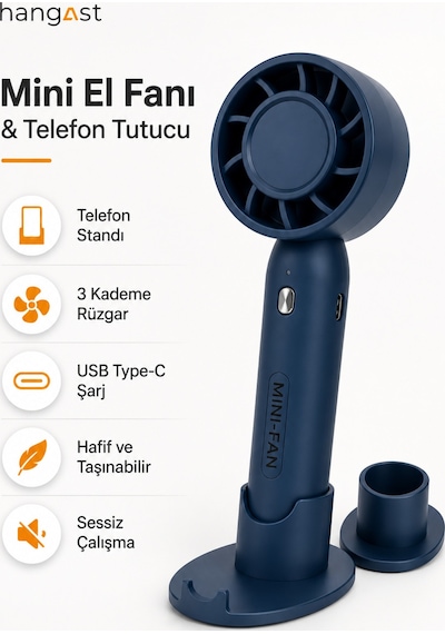 Mini El Fanı Telefon Tutuculu Şarjlı Usb Type-c Taşınabilir Masaüstü El Vantilatörü 3 Kademeli Sessiz Soğutucu Standlı Mavi