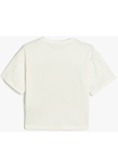 Koton Stitch Crop Tişört Lisanslı Kısa Kollu Bisiklet Yaka Pamuklu Ekru 4skg10400ak Ekru