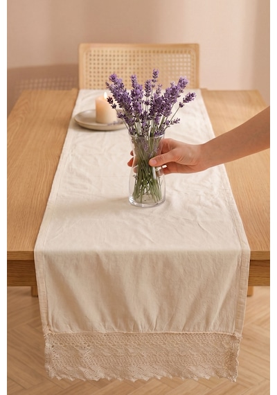 Krem Lacy Pamuklu Dantelli Runner 40x150 Cm