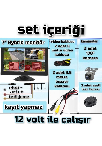 7'' Kayıtsız Ekran 2 Ad Araç Ve Yaya Tanıma Sesli İkazlı Kamera