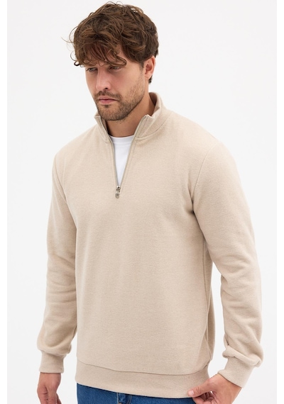 Mmetalic Erkek Bej Standart Fit Normal Kesim Pamuklu Yarım Fermuarlı Dik Yaka Pamuklu Sweatshirt Bej