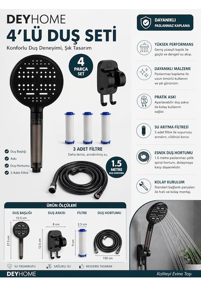 4'lü Set 6 Fonksiyonlu Filtreli Duş Başlığı +3 Adet Yedek Filtre+ 150 Cm Duş Hortumu + Siyah Yapışkanlı Askı Diğer