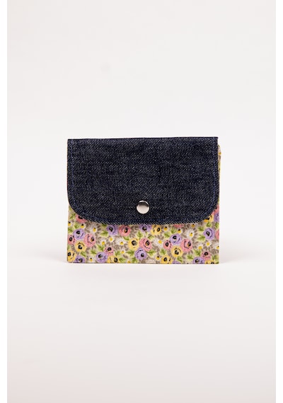 Fabric Craft Bag Kadın Cüzdan Denim Detaylı Çiçek Desenli Çıtçıtlı 15x12 Cm Lacivert - Sarı