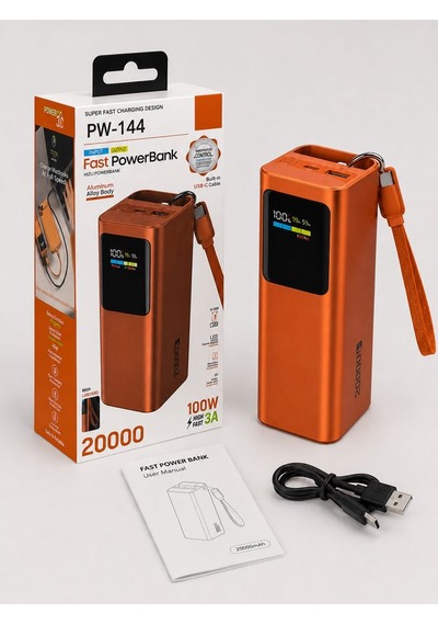 20000mah 100w Hızlı Şarj Powerbank Akıllı Dijital Ekran Type-c Kablolu Usb Type-c Girişli Turuncu
