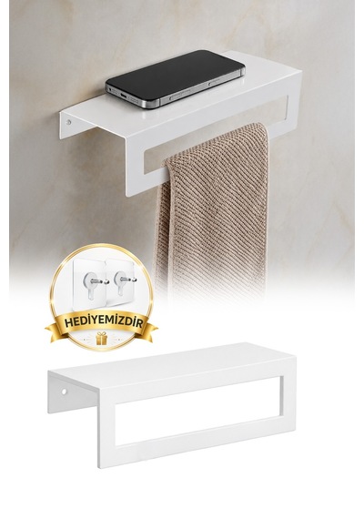 Beyaz Metal Raflı Havlu Askısı Telefon Koyma Duvar Havluluk Banyo Organizer 27 cm