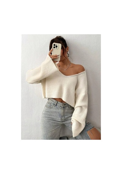 Samin Kadın Oversize V Yaka Triko Crop Kazak Krem - 660238741 Krem