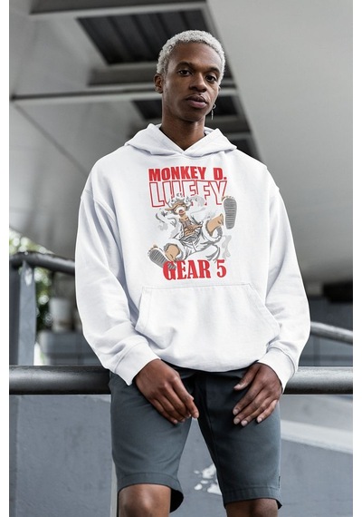 Monkey D. Luffy Gear 5 Baskılı Unisex Oversize Anime Hoodie Beyaz