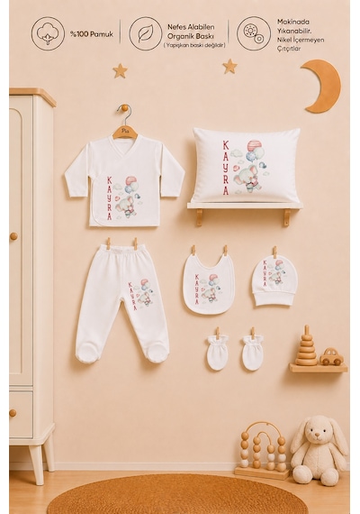 Pia Baby Erkek Bebek 6'lı Zıbın Seti %100 Pamuk İsme Özel Organik Baskı Yastık Kılıfı Hediyelik Set 2065yz3x Ekru