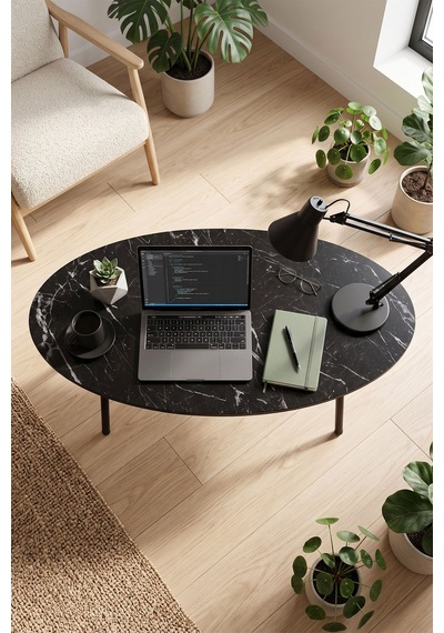 Siyah Oval Orta Sehpa Metal Ayaklı