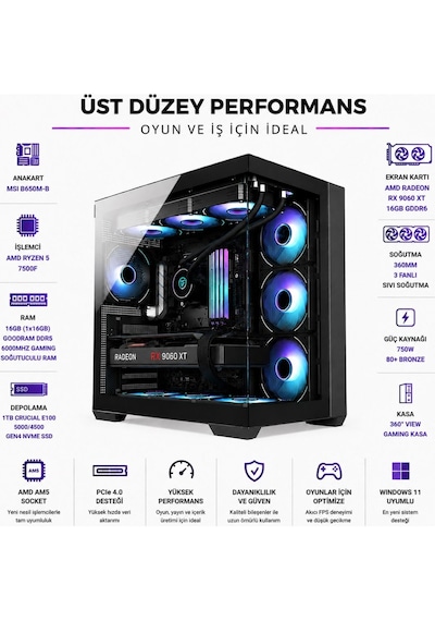 Apphirex PRESTİGE X40 R5-7500F 16 GB 1 TB M.2 SSD 16 GB RX9060XT W11P Masaüstü Oyuncu Bilgisayarı