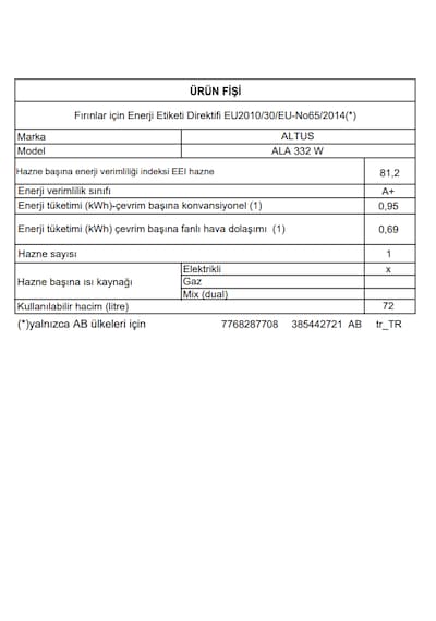 Altus Ala 332 W Ankastre Fırın Beyaz