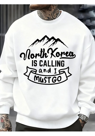 Startmore Tarzsokak Kuzey Kore Çağırıyor Ve Gitmeliyim Desenli Erkek Sweatshirt Sokak Günlük Kişisel Kazak Bol Üs Beyaz