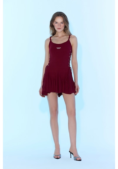 Sagaza Studio Ss6000 Askılı Yandan Bağcıklı Mini Elbise Bordo