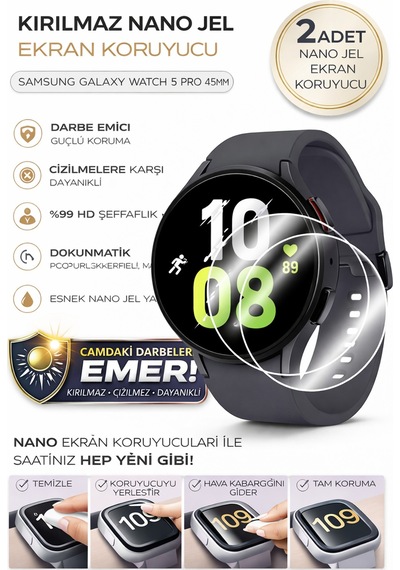 Samsung Galaxy Watch 5 Pro 45 Mm Uyumlu Nano Jel Ekran Koruyucu 2 Adet Darbe Emici Tam Kaplayan