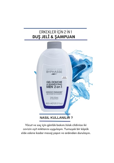Byphasse Erkekler İçin 2 İn 1 Duş Jeli & Şampuan Grovy Paradise For Men 600 ML