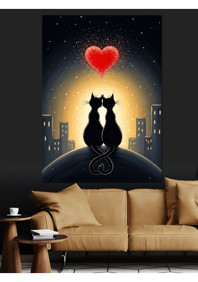 Ahşap Tablo İki Kedi Kalp Sevgisi Aşk Ve Şehir Çocuk Odası Tabloları