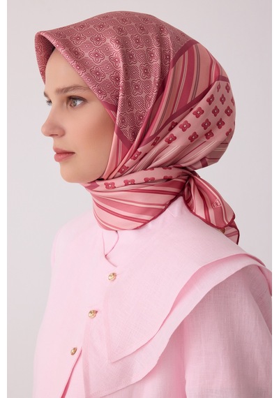 Belli Geometrik Desen %100 Twill İpek Eşarp Be23 Gül Kurusu-pembe
