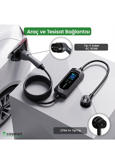 Coswatt Taşınabilir EV Şarj Cihazı CS-P1-16A / 3.5kW / 8m / Türkçe / 220V AC / Tip-2 / 2x16A Ev Tipi Fiş / Çanta
